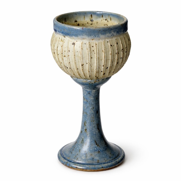 Vintage Studio Pottery Goblet Signed P86 Blue Speckled Stoneware Chalice 8” - Picture 2 of 7